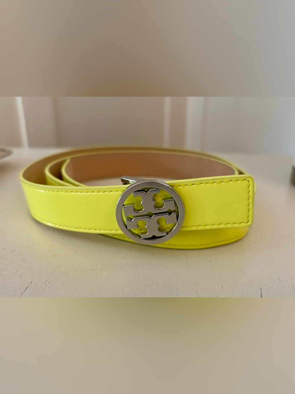 Tory Burch Neon Yellow Logo Disc Belt size Large